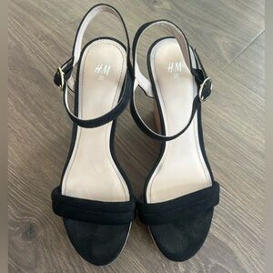 H&M Women's Cork Wedge Heels Black Faux Suede Shoes Size 7.5